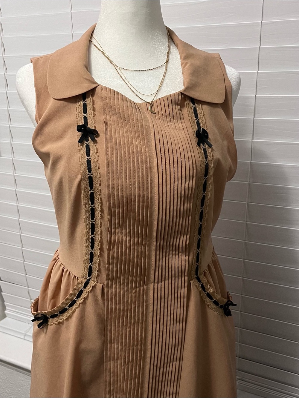 Darling Sleeveless Midi Dress in Camel with Black Trim